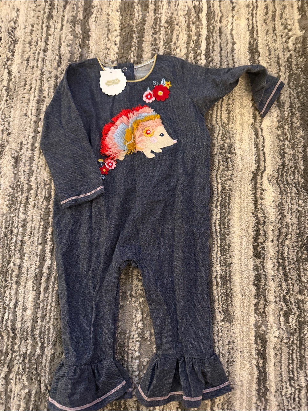 Mud Pie Navy One-Piece Footie with Colorful Hedgehog Embroidery